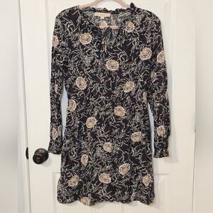 LOFT Long Sleeve Floral Mini Dress Black Tie Neck Ruffle Collar Small.